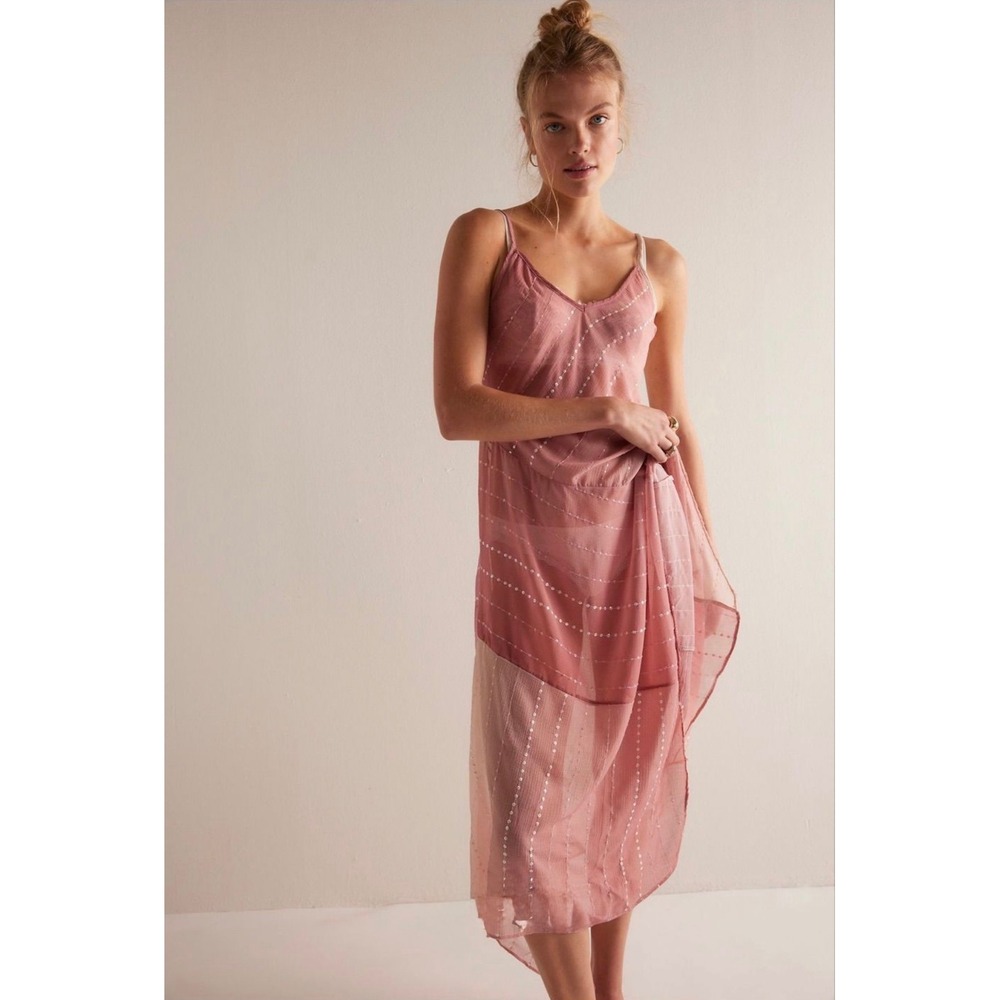 Free People A Little Drama Midi Slip Dress Medium Pink New NWT flowy sheer